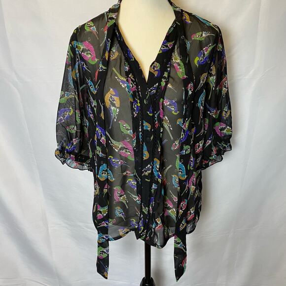 Uttam Boutique Sheer Blouse Size Medium Colorful Bird Tie Neck Button Down - Picture 5 of 15